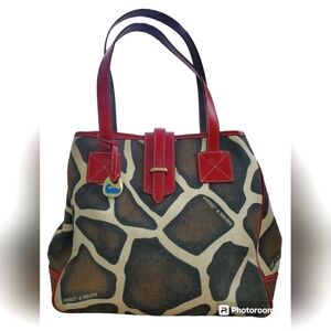 Dooney & Bourke Canvas Giraffe Animal Print Red Leather Trim Purse GUC